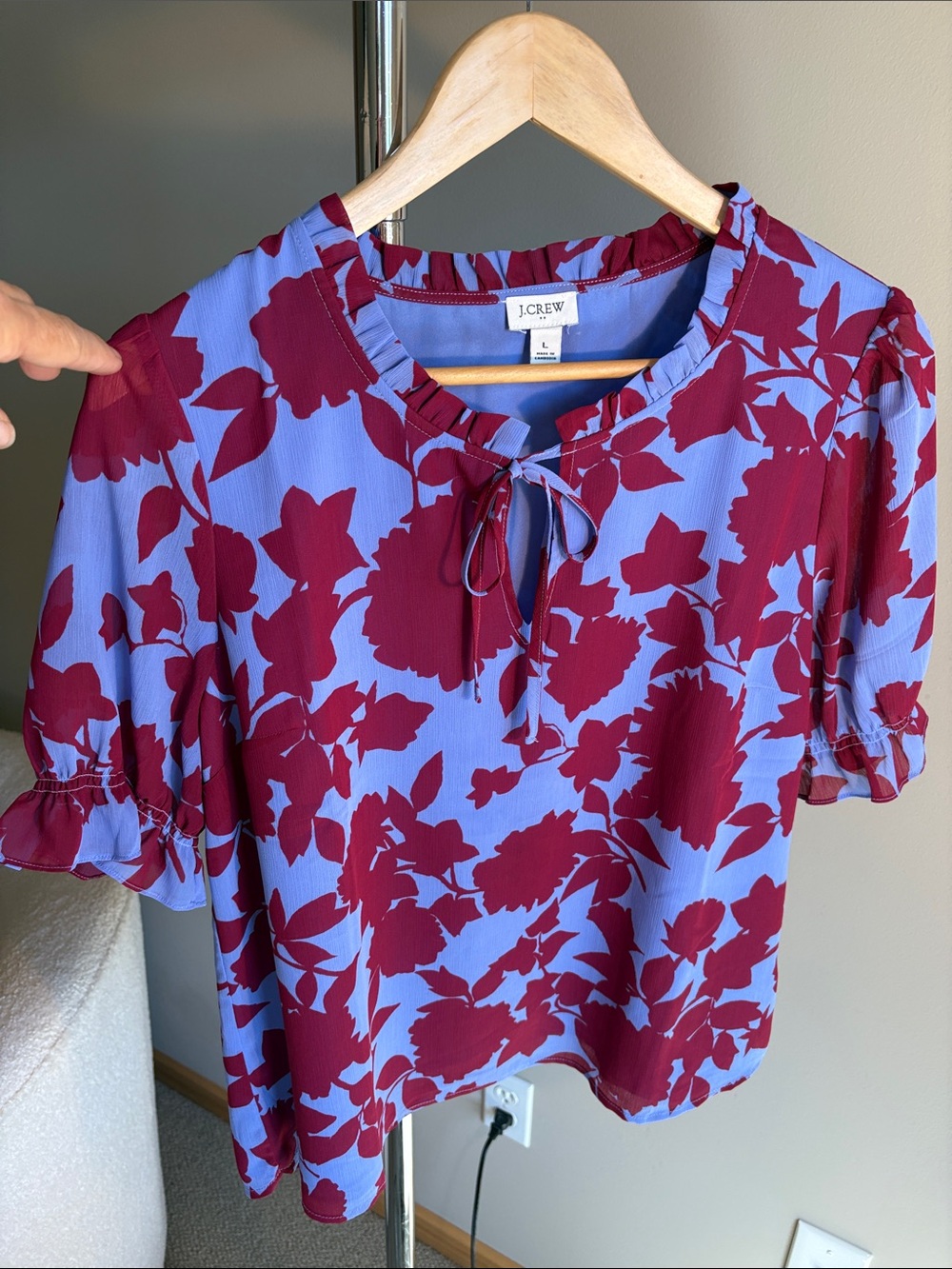 J. Crew Periwinkke & Burgundy Floral Tie-Neck Lined Top